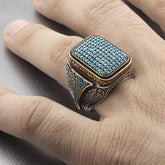 Silver Turquoise Zircon Stone Square Men's Ring